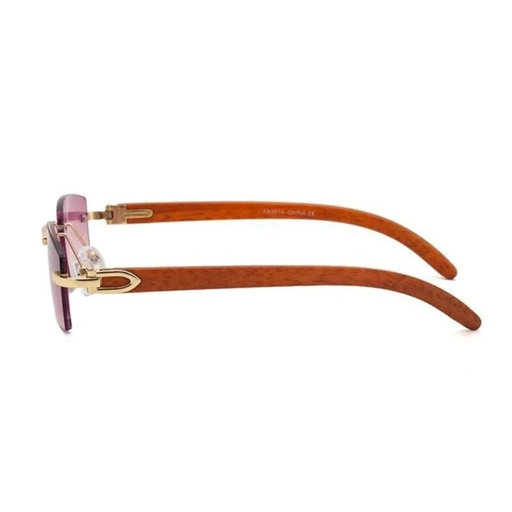 Rimless Sunglasses‎ Pink Lens Wood Arms Gold Accents Men's Classic Retro Gafas